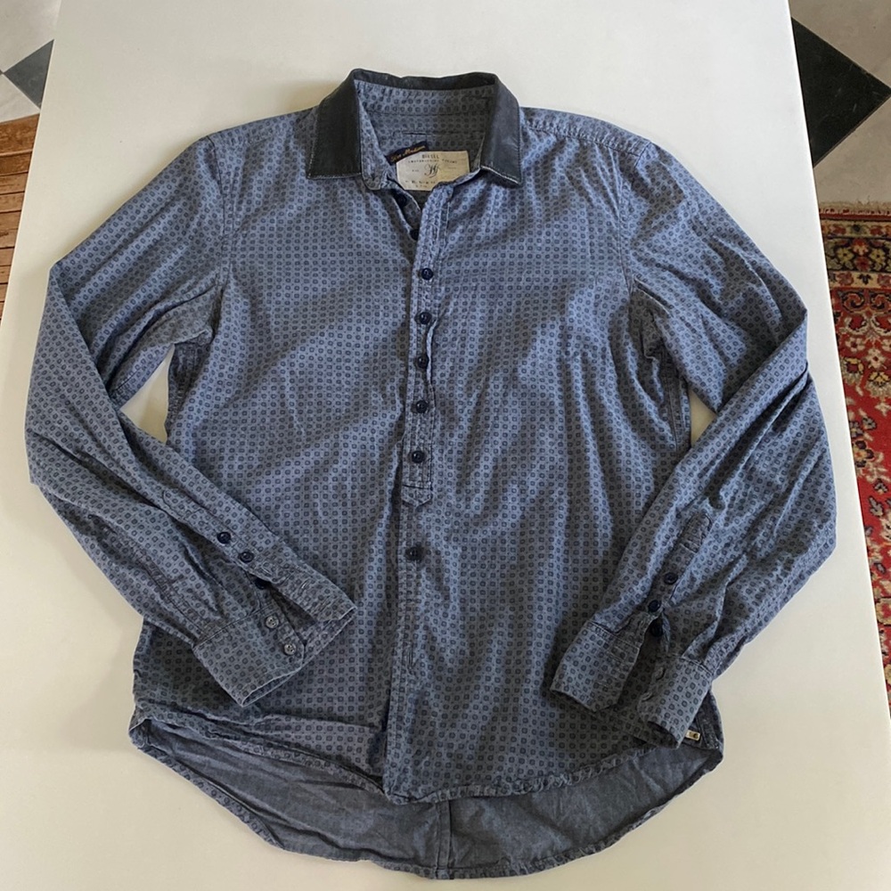 Diesel blue button front shirt with leather collar M